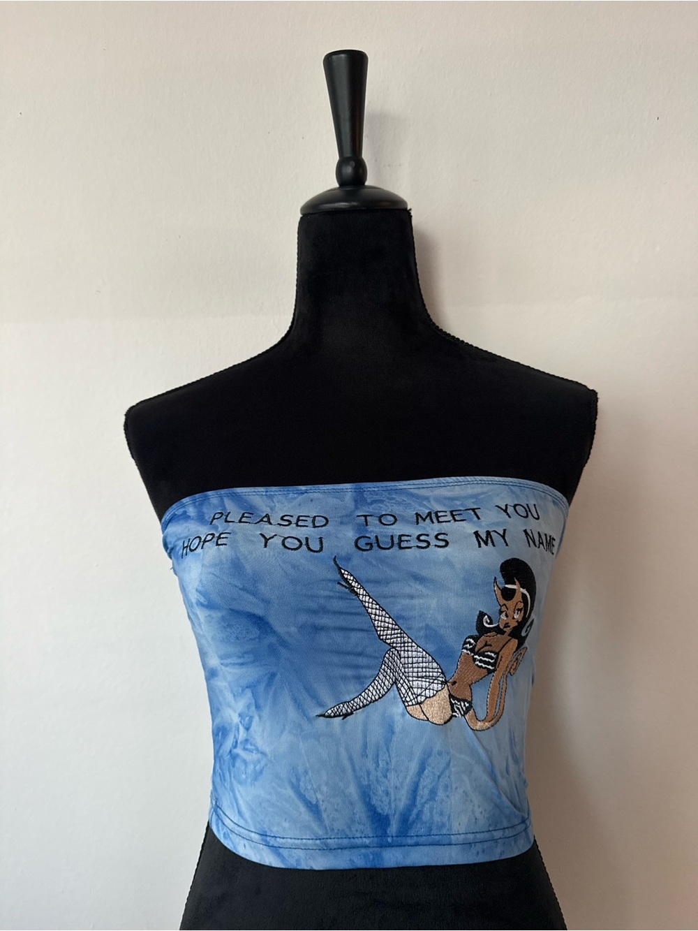Y2K Blue Graphic Tube Top with Pinup Illustration